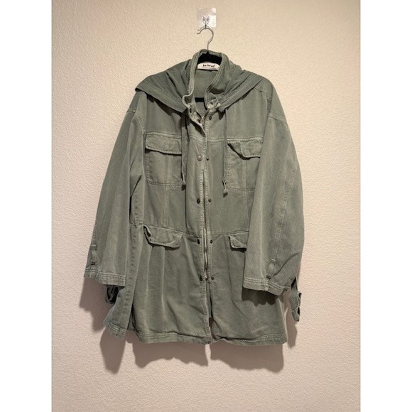 Three Bird Nest Oversized Green Hooded Utility Jacket Tiered Ruffle Hem L - Picture 1 of 9